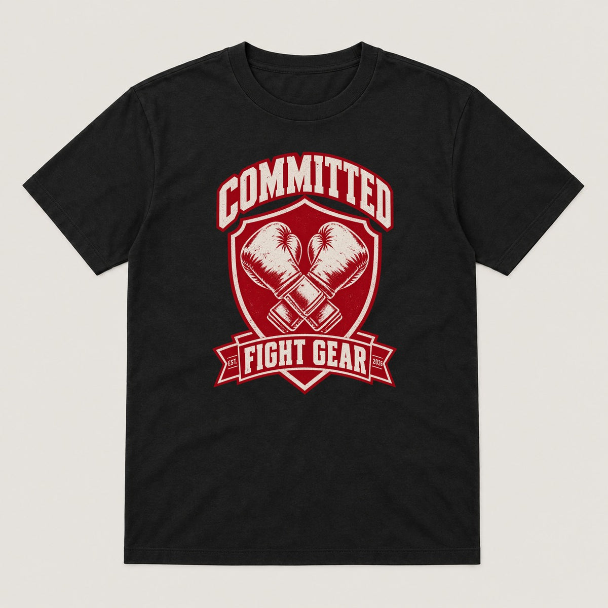 Shield Crest Tee — black t-shirt with Committed Fight Gear graphic