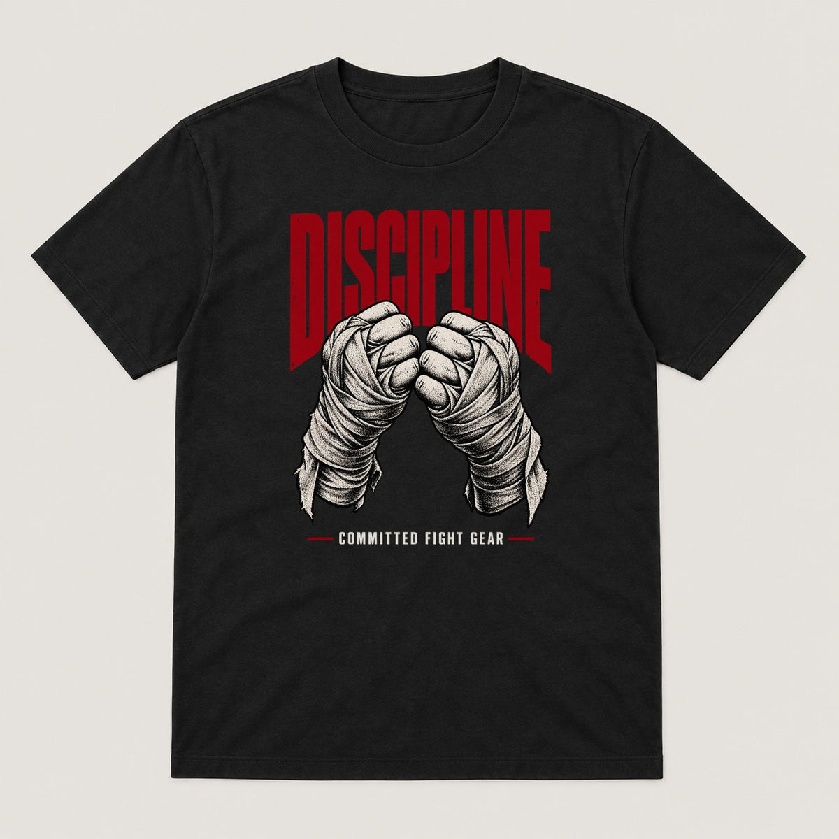 Discipline Tee — black t-shirt with Committed Fight Gear graphic